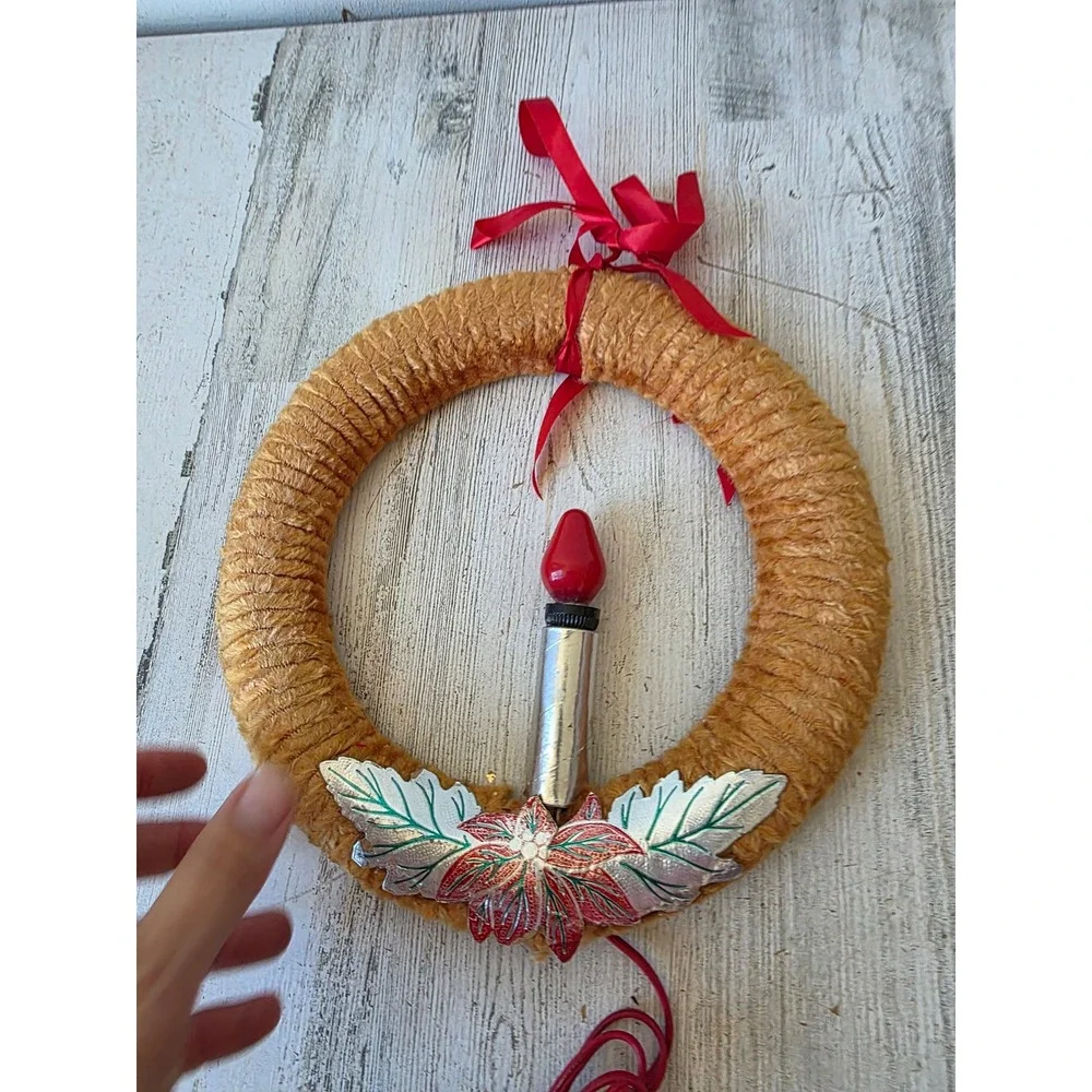 Vintage chenille orange candle wreath hanging Xmas decor working light decor is